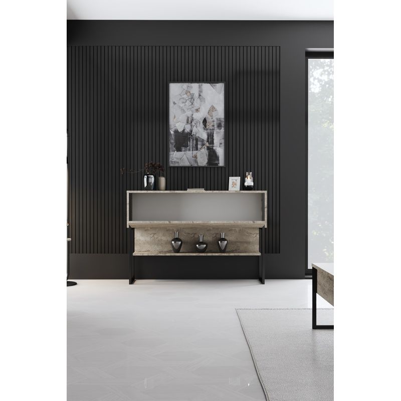 Casa si Gradina - Mobilier - Seturi de mobilier - Seturi living - Set mobilier living, Hanah Home, pal melaminat, travertin si negru, picioare metalice - Infinity.ro
