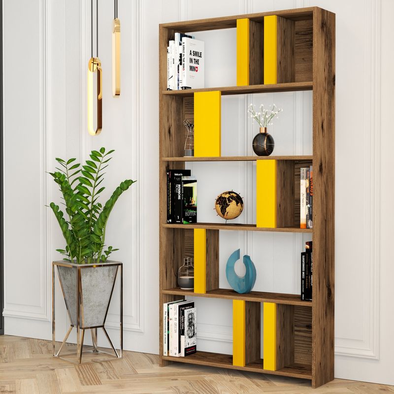 Casa si Gradina - Mobilier - Biblioteci si rafturi - Biblioteci - Biblioteca, Hanah Home, pal melaminat, nuc si galben, 90x20x180 cm - Infinity.ro