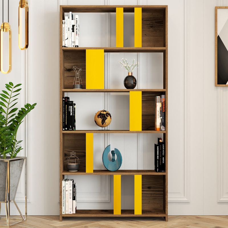 Casa si Gradina - Mobilier - Biblioteci si rafturi - Biblioteci - Biblioteca, Hanah Home, pal melaminat, nuc si galben, 90x20x180 cm - Infinity.ro