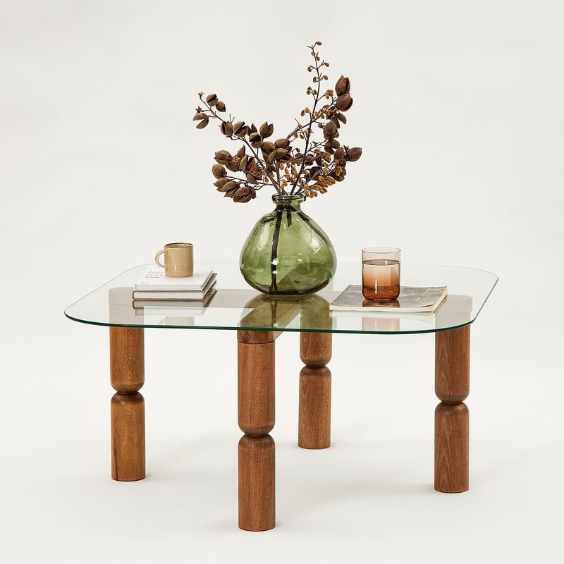 Casa si Gradina - Mobilier - Mese si birouri - Masute de cafea - Masa de cafea, Hanah Home, sticla calita, cadru lemn masiv, nuc, 80x80x40 cm - Infinity.ro