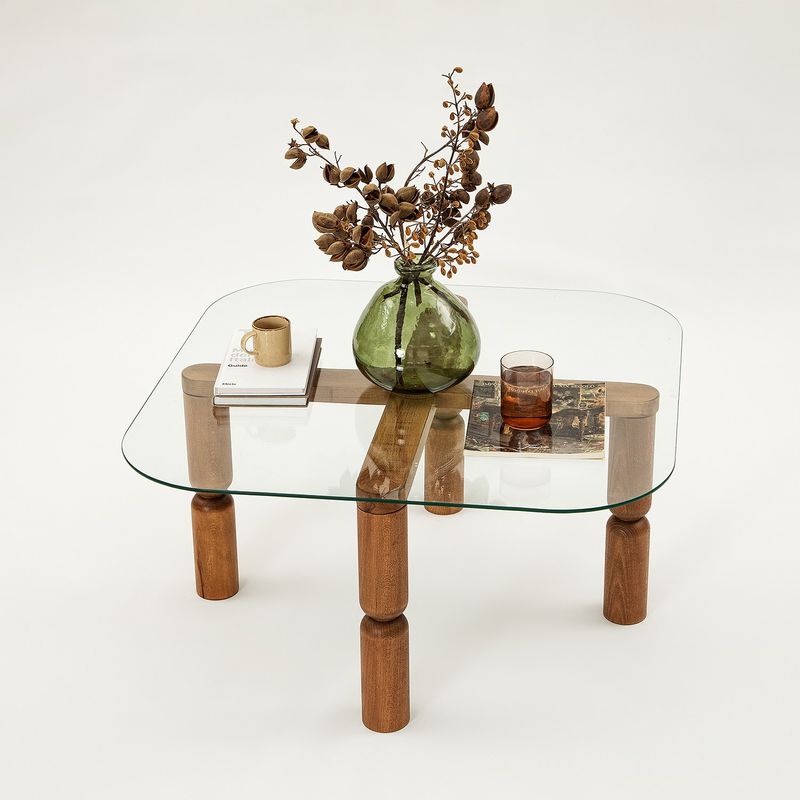Casa si Gradina - Mobilier - Mese si birouri - Masute de cafea - Masa de cafea, Hanah Home, sticla calita, cadru lemn masiv, nuc, 80x80x40 cm - Infinity.ro