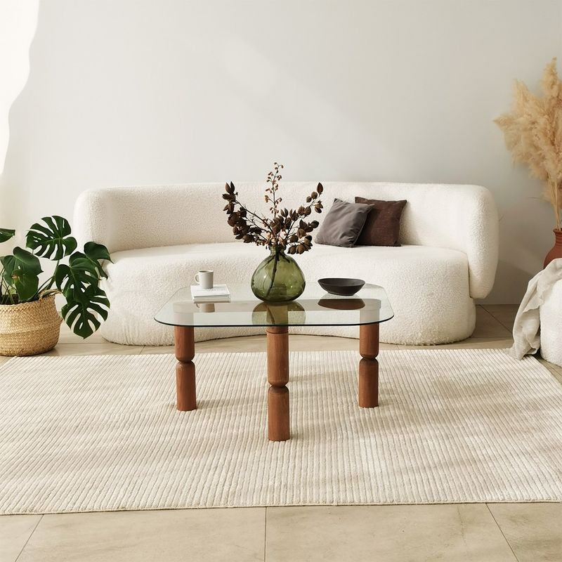 Casa si Gradina - Mobilier - Mese si birouri - Masute de cafea - Masa de cafea, Hanah Home, sticla calita, cadru lemn masiv, nuc, 80x80x40 cm - Infinity.ro