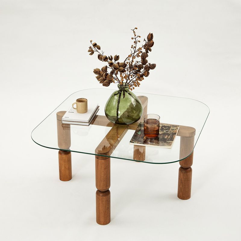 Casa si Gradina - Mobilier - Mese si birouri - Masute de cafea - Masa de cafea, Hanah Home, sticla calita, cadru lemn masiv, nuc, 80x80x40 cm - Infinity.ro