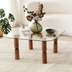 Casa si Gradina - Mobilier - Mese si birouri - Masute de cafea - Masa de cafea, Hanah Home, sticla calita, cadru lemn masiv, nuc, 80x80x40 cm - Infinity.ro