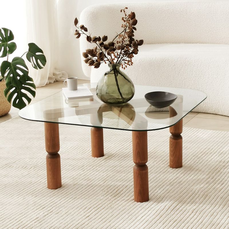 Casa si Gradina - Mobilier - Mese si birouri - Masute de cafea - Masa de cafea, Hanah Home, sticla calita, cadru lemn masiv, nuc, 80x80x40 cm - Infinity.ro