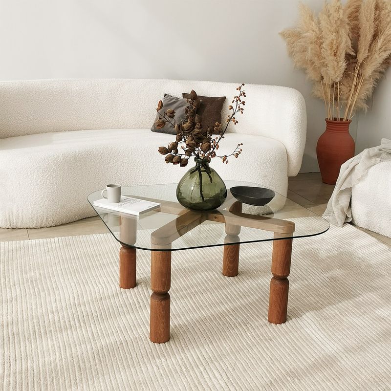 Casa si Gradina - Mobilier - Mese si birouri - Masute de cafea - Masa de cafea, Hanah Home, sticla calita, cadru lemn masiv, nuc, 80x80x40 cm - Infinity.ro