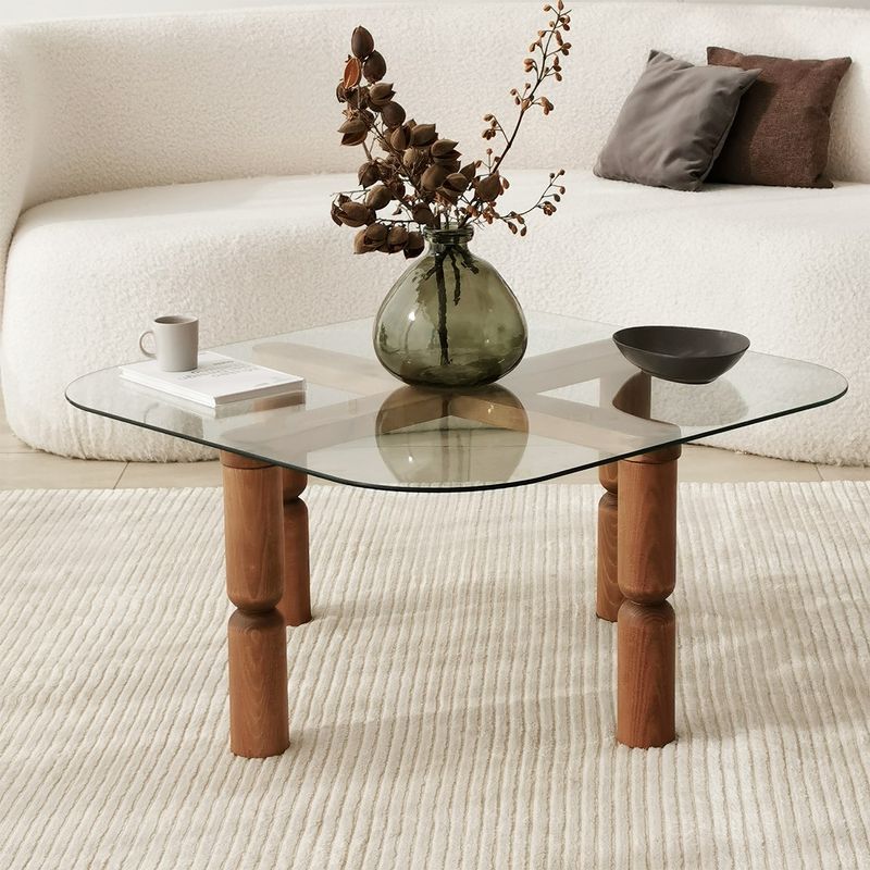 Casa si Gradina - Mobilier - Mese si birouri - Masute de cafea - Masa de cafea, Hanah Home, sticla calita, cadru lemn masiv, nuc, 80x80x40 cm - Infinity.ro