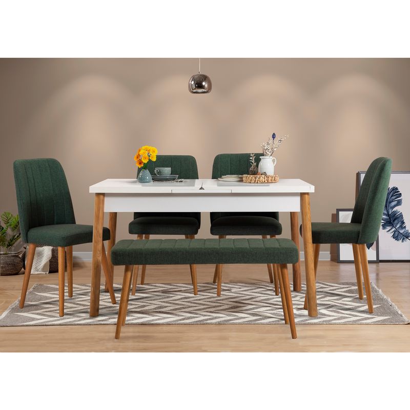 Casa si Gradina - Mobilier - Seturi de mobilier - Seturi mese si scaune - Set masa extensibila si scaune, Hanah Home, pal melaminat, pin atlantic, alb, verde, 120x75x77 cm - Infinity.ro
