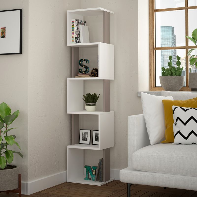 Casa si Gradina - Mobilier - Biblioteci si rafturi - Biblioteci - Biblioteca, Hanah Home, pal melaminat, alb si moka deschis, 35x30x161 cm - Infinity.ro