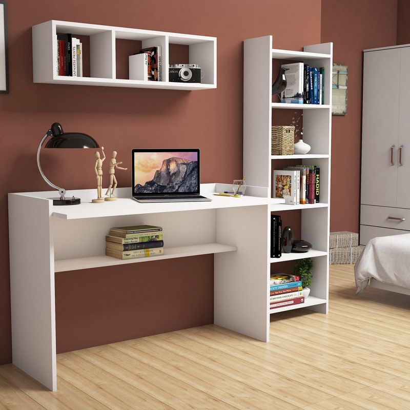 Casa si Gradina - Mobilier - Mese si birouri - Birouri - Birou cu biblioteca, Hanah Home, pal melaminat, alb, birou 118x58x80 cm, biblioteca 48.6x22x160 cm - Infinity.ro