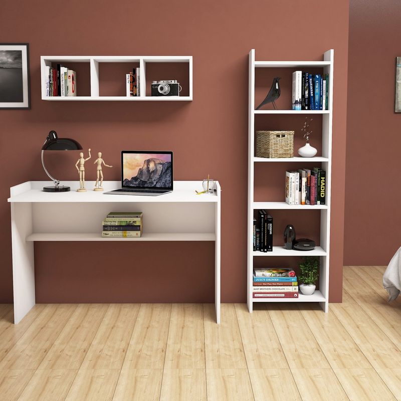 Casa si Gradina - Mobilier - Mese si birouri - Birouri - Birou cu biblioteca, Hanah Home, pal melaminat, alb, birou 118x58x80 cm, biblioteca 48.6x22x160 cm - Infinity.ro