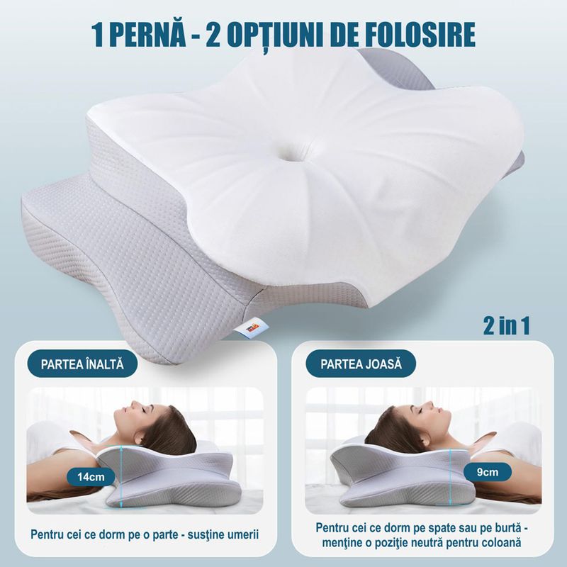 Casa si Gradina - Textile si covoare - Perne si pilote - Perne - Set de 2 Perne Ortopedice Cervicale pentru dormit Linomag®, Spuma cu Memorie, Alb/Gri deschis, 60 x 38 x 9-13 cm - Infinity.ro
