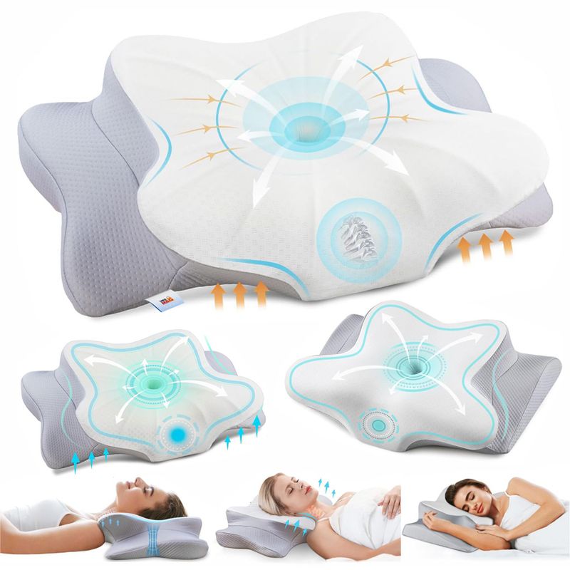 Casa si Gradina - Textile si covoare - Perne si pilote - Perne - Set de 2 Perne Ortopedice Cervicale pentru dormit Linomag®, Spuma cu Memorie, Alb/Gri deschis, 60 x 38 x 9-13 cm - Infinity.ro