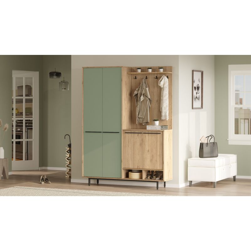 Casa si Gradina - Mobilier - Organizare si depozitare - Cuiere - Cuier hol, Hanah Home, pal melaminat, stejar si verde, 147.4x35.5x195.6 cm - Infinity.ro