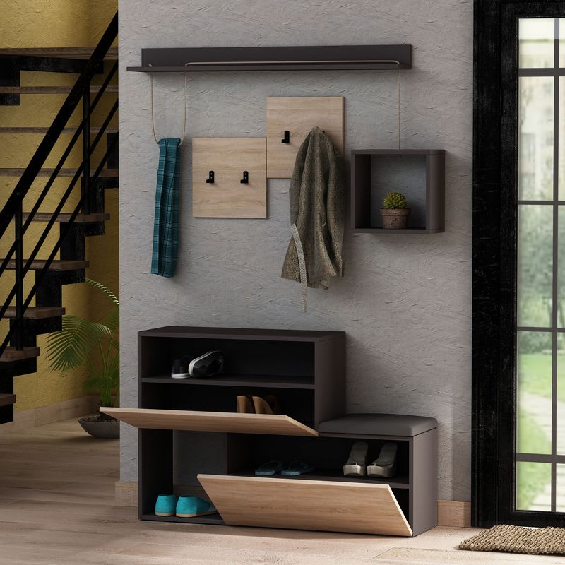 Casa si Gradina - Mobilier - Organizare si depozitare - Cuiere - Cuier, Hanah Home, pal melaminat, antracit si stejar sonoma, 120x78x40 cm - Infinity.ro