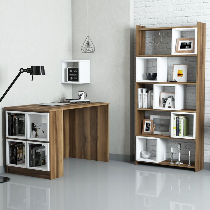 Casa si Gradina - Mobilier - Mese si birouri - Birouri - Birou cu biblioteca, Hanah Home, pal melaminat, nuc si alb, 120x65x75 cm - Infinity.ro