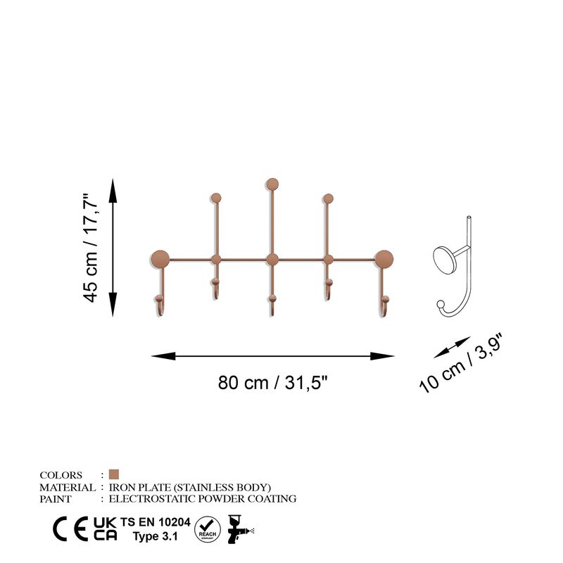 Casa si Gradina - Mobilier - Organizare si depozitare - Cuiere - Cuiere de perete, Wallxpert, metal, cupru, 80x45x10 cm - Infinity.ro