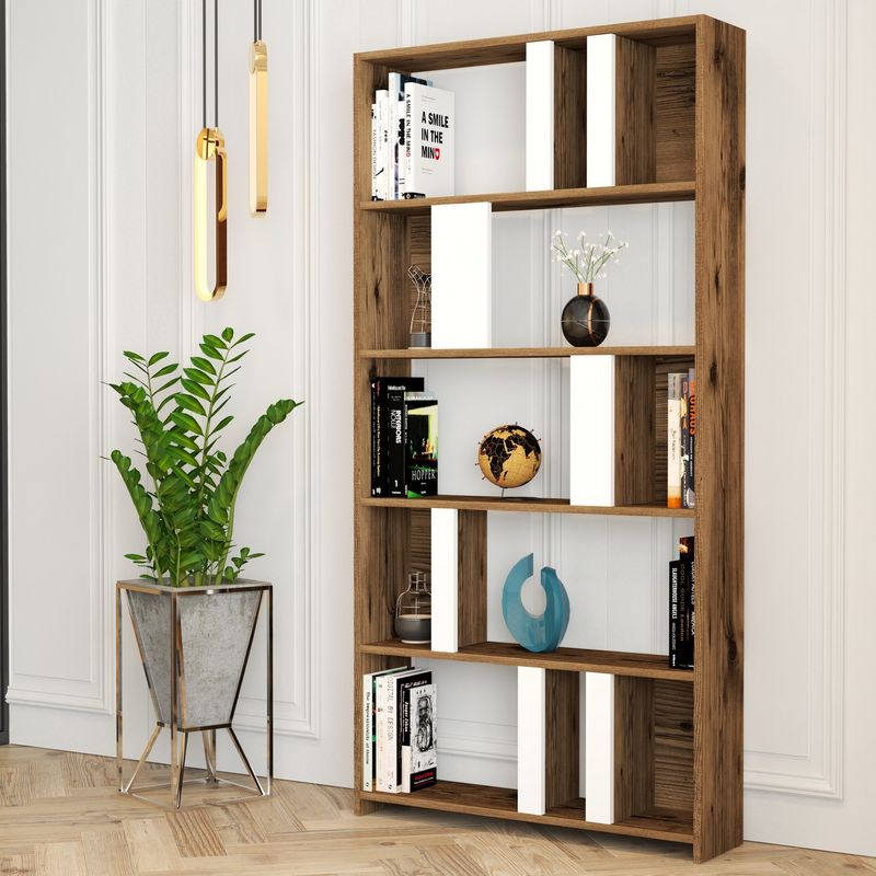 Casa si Gradina - Mobilier - Biblioteci si rafturi - Biblioteci - Biblioteca, Hanah Home, pal melaminat, nuc si alb, 90x180x20 cm - Infinity.ro