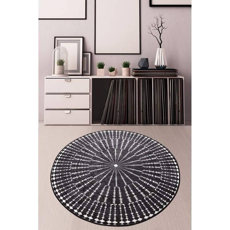 Casa si Gradina - Textile si covoare - Covoare - Covoare casa - Covor rotund, Conceptum Hypnose, negru alb, 100 cm, 100% poliester, antiderapant, lavabil la masina - Infinity.ro