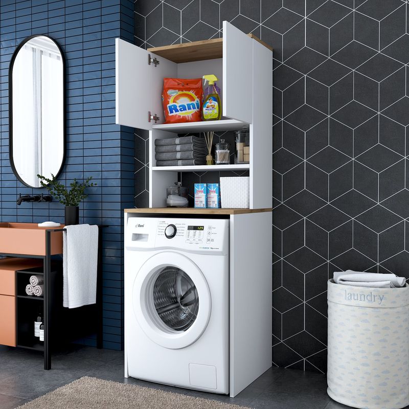 Casa si Gradina - Mobilier - Dulapuri si sifoniere - Dulapuri - Dulap pentru masina de spalat, Hanah Home, pal melaminat, alb si nuc, 65x60x183.6 cm - Infinity.ro