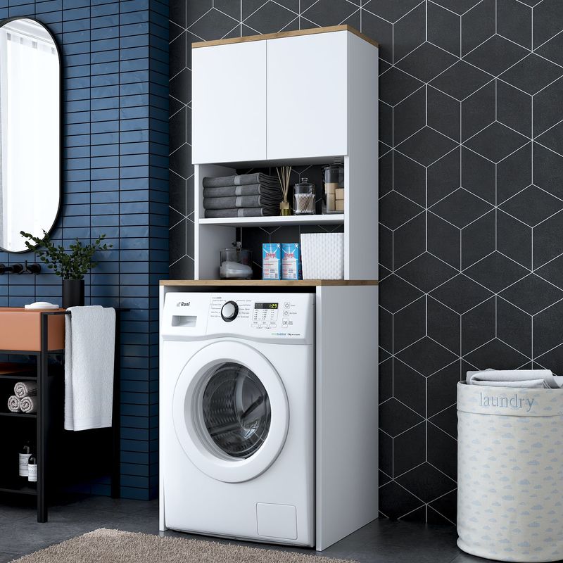 Casa si Gradina - Mobilier - Dulapuri si sifoniere - Dulapuri - Dulap pentru masina de spalat, Hanah Home, pal melaminat, alb si nuc, 65x60x183.6 cm - Infinity.ro