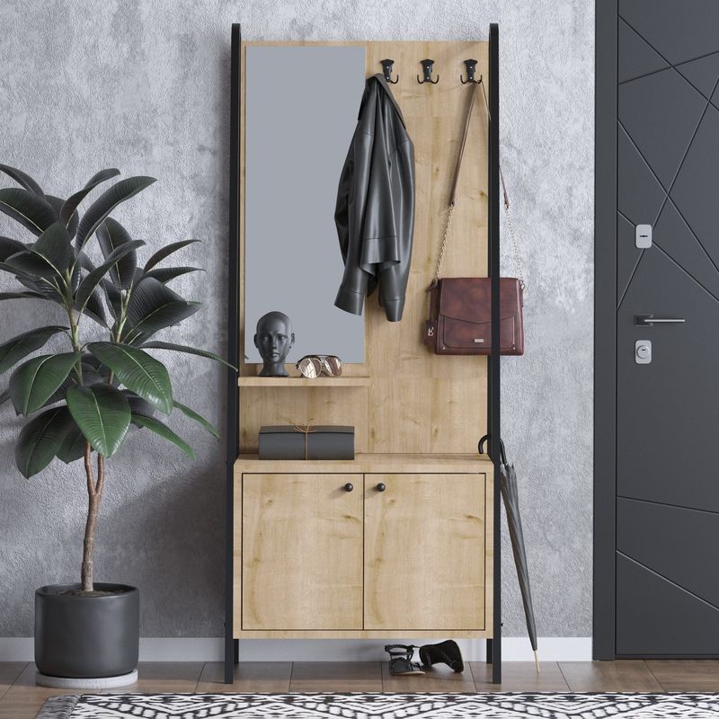 Casa si Gradina - Mobilier - Organizare si depozitare - Cuiere - Cuier, Hanah Home, PAL melaminat, stejar si negru, 74x35x170 cm - Infinity.ro
