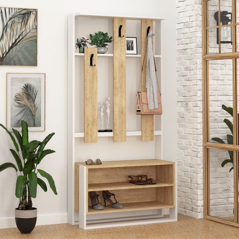 Casa si Gradina - Mobilier - Organizare si depozitare - Cuiere - Cuier, Hanah Home, PAL melaminat, alb si stejar, 90x36x180 cm - Infinity.ro