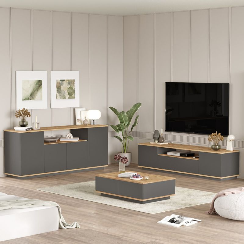 Casa si Gradina - Mobilier - Seturi de mobilier - Seturi living - Set mobilier living, Hanah Home, pal melaminat, pin atlantic si antracit, tv 180x44.6x44.5 cm, masuta 90x28.6x60 cm, consola 180x75x44.5 cm - Infinity.ro