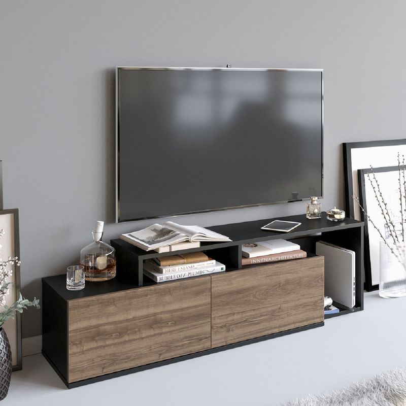 Casa si Gradina - Mobilier - Comode si corpuri - Comode - Comoda tv, Hanah Home, pal melaminat, negru si nuc, 149.8x35.3x42.9 cm - Infinity.ro