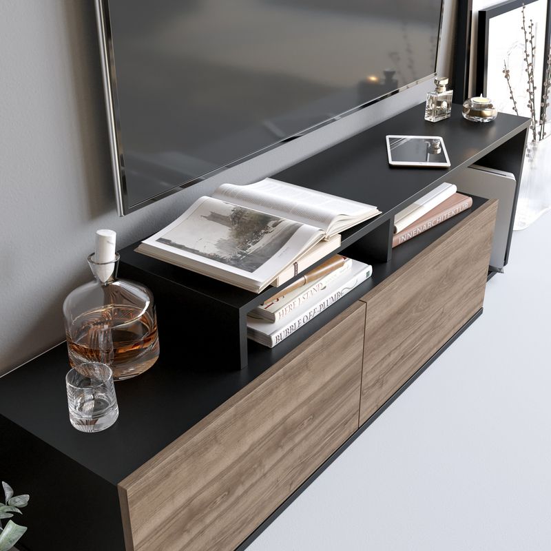 Casa si Gradina - Mobilier - Comode si corpuri - Comode - Comoda tv, Hanah Home, pal melaminat, negru si nuc, 149.8x35.3x42.9 cm - Infinity.ro