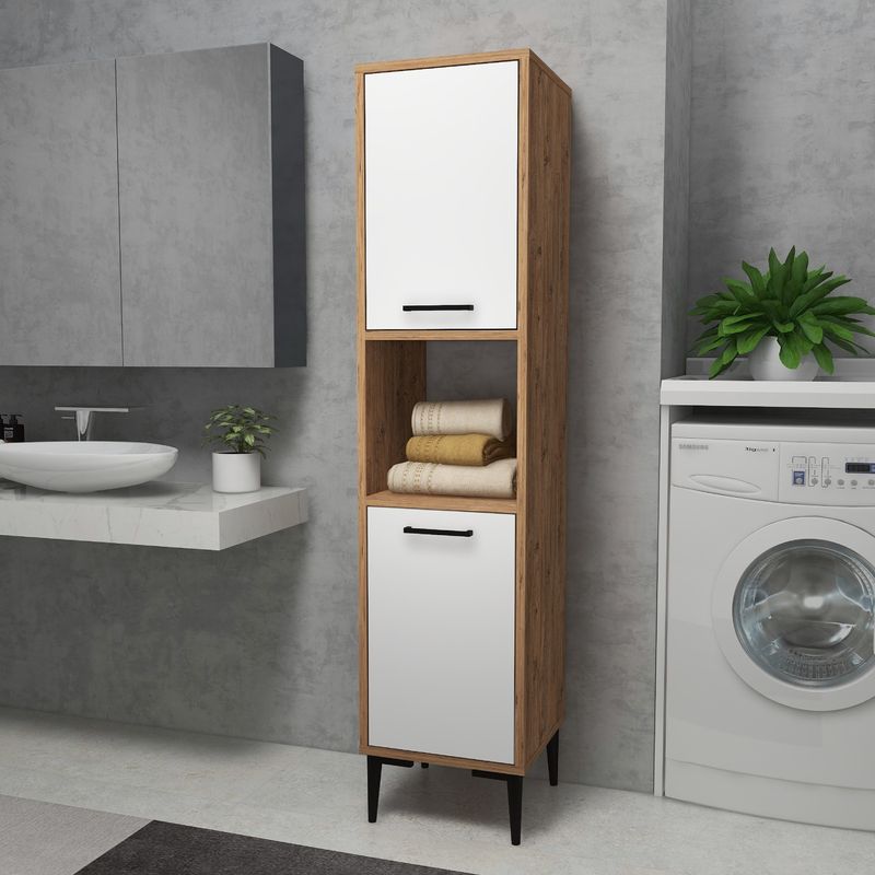 Casa si Gradina - Mobilier - Mobilier baie - Corpuri baie - Dulap multifunctional, Hanah Home, pal melaminat, pin atlantic si alb, 35x35x153.6 cm - Infinity.ro