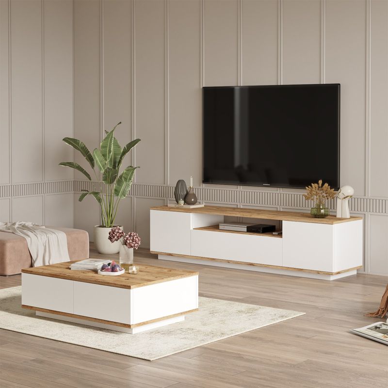 Casa si Gradina - Mobilier - Seturi de mobilier - Seturi living - Set mobilier living, Hanah Home, pal melaminat, pin atlantic si alb, tv 180x44.6x44.5 cm, masuta 90x28.6x60 cm - Infinity.ro