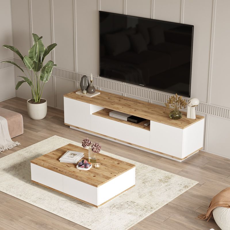 Casa si Gradina - Mobilier - Seturi de mobilier - Seturi living - Set mobilier living, Hanah Home, pal melaminat, pin atlantic si alb, tv 180x44.6x44.5 cm, masuta 90x28.6x60 cm - Infinity.ro