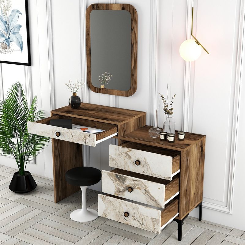 Casa si Gradina - Mobilier - Comode si corpuri - Masute de toaleta - Masa de toaleta, Hanah Home, pal melaminat, nuc si alb, 124x40x84.7 cm - Infinity.ro