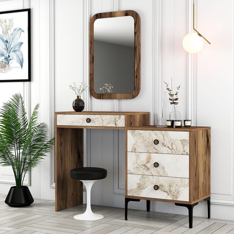 Casa si Gradina - Mobilier - Comode si corpuri - Masute de toaleta - Masa de toaleta, Hanah Home, pal melaminat, nuc si alb, 124x40x84.7 cm - Infinity.ro