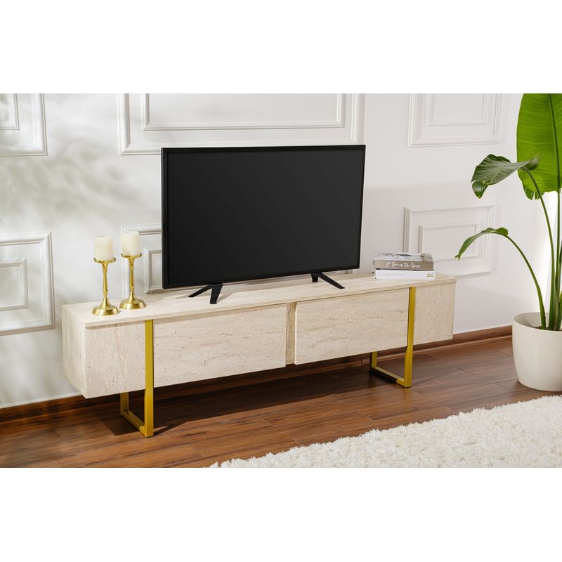 Casa si Gradina - Mobilier - Comode si corpuri - Comode - Comoda tv, Hanah Home, pal melaminat, travertin si auriu, 180x45x30 cm - Infinity.ro
