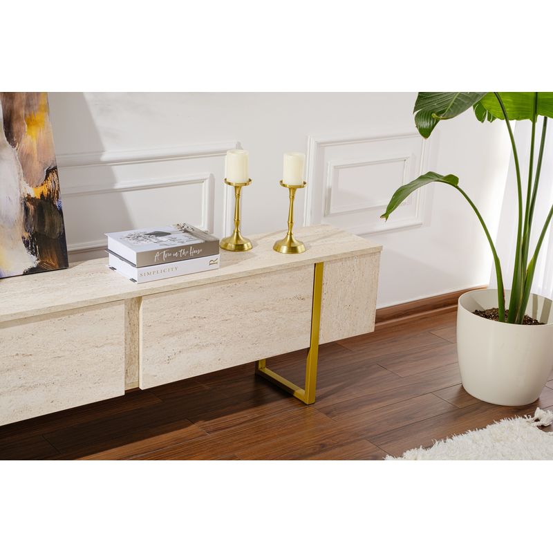 Casa si Gradina - Mobilier - Comode si corpuri - Comode - Comoda tv, Hanah Home, pal melaminat, travertin si auriu, 180x45x30 cm - Infinity.ro