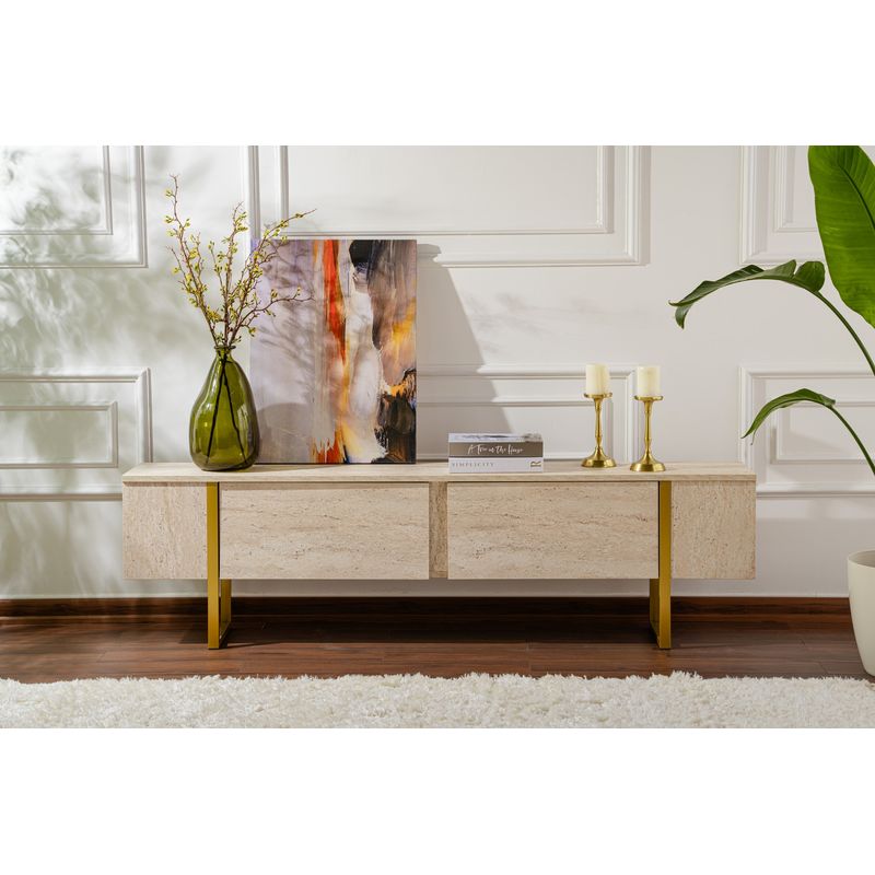 Casa si Gradina - Mobilier - Comode si corpuri - Comode - Comoda tv, Hanah Home, pal melaminat, travertin si auriu, 180x45x30 cm - Infinity.ro