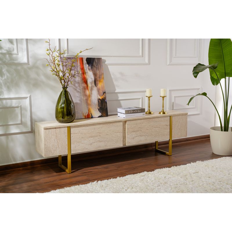Casa si Gradina - Mobilier - Comode si corpuri - Comode - Comoda tv, Hanah Home, pal melaminat, travertin si auriu, 180x45x30 cm - Infinity.ro