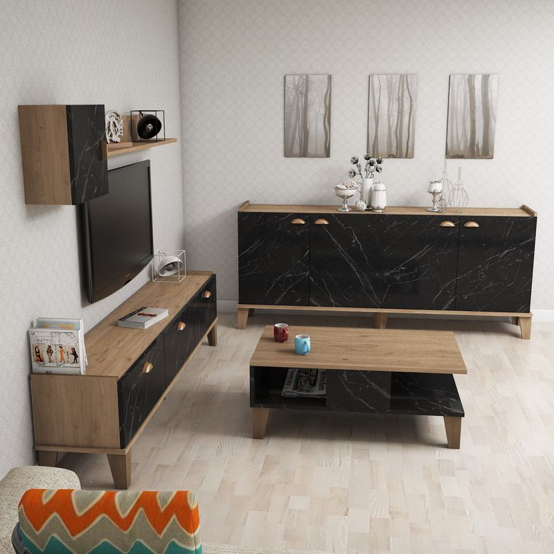 Casa si Gradina - Mobilier - Seturi de mobilier - Seturi living - Set mobilier living, Hanah Home, pal melaminat, stejar si marmura - Infinity.ro