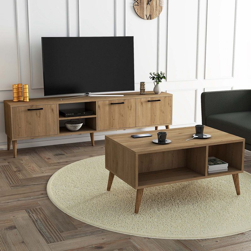 Casa si Gradina - Mobilier - Seturi de mobilier - Seturi living - Set mobilier living, Hanah Home, pal melaminat, stejar, stand tv 180x53x35 cm, masuta cafea 90x54x41,6 cm - Infinity.ro