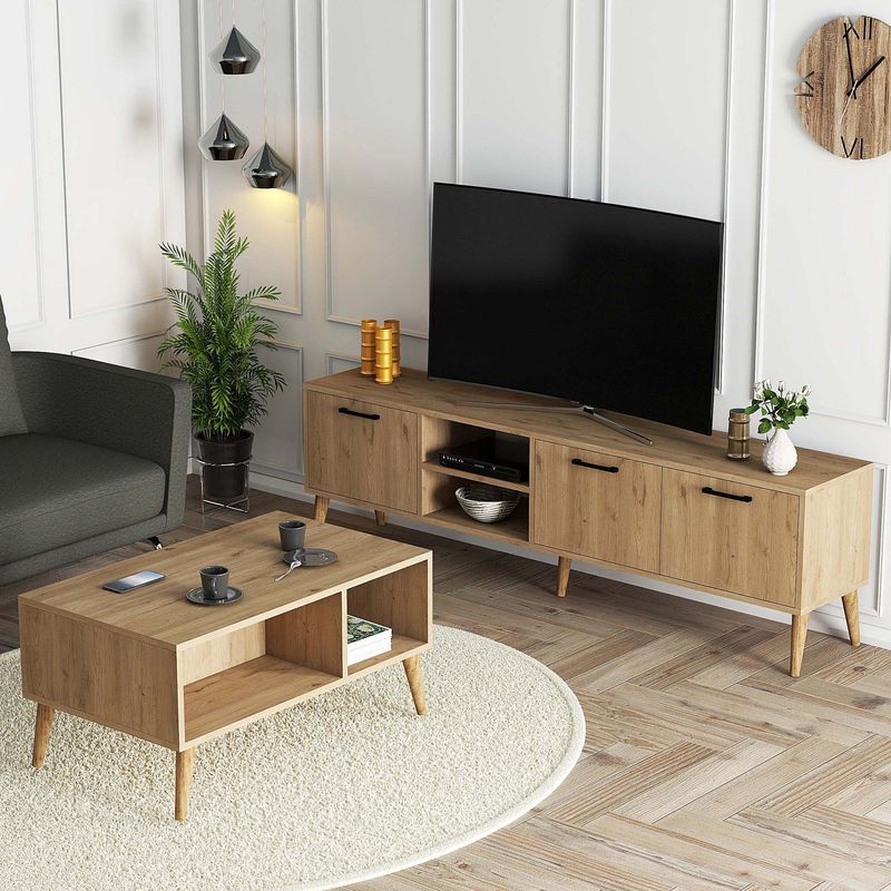 Casa si Gradina - Mobilier - Seturi de mobilier - Seturi living - Set mobilier living, Hanah Home, pal melaminat, stejar, stand tv 180x53x35 cm, masuta cafea 90x54x41,6 cm - Infinity.ro