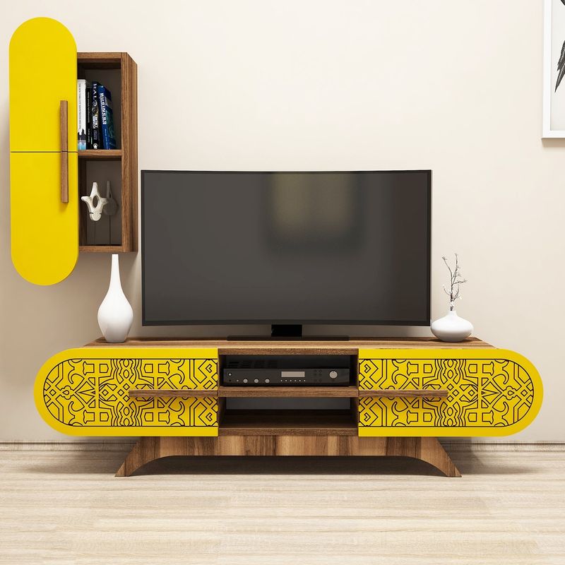 Casa si Gradina - Mobilier - Comode si corpuri - Comode - Comoda tv, Hanah Home, pal melaminat, nuc si galben, 145x37x35 cm - Infinity.ro
