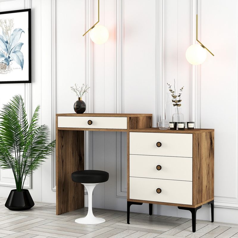 Casa si Gradina - Mobilier - Comode si corpuri - Masute de toaleta - Masa de machiaj, Hanah Home, pal melaminat, nuc si crem, 124x40x84.7 cm - Infinity.ro