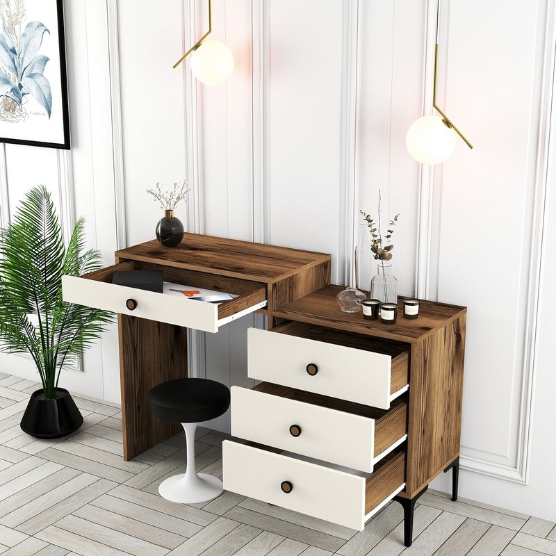 Casa si Gradina - Mobilier - Comode si corpuri - Masute de toaleta - Masa de machiaj, Hanah Home, pal melaminat, nuc si crem, 124x40x84.7 cm - Infinity.ro