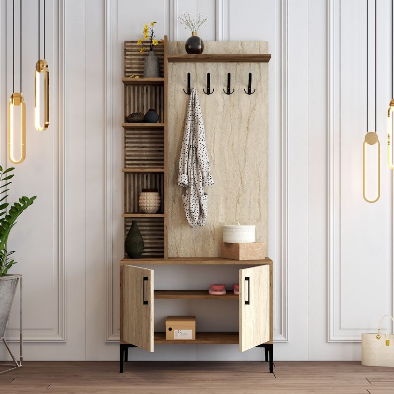 Casa si Gradina - Mobilier - Organizare si depozitare - Cuiere - Cuier, Hanah Home, pal melaminat, nuc si travertin, 90x35x200 cm - Infinity.ro