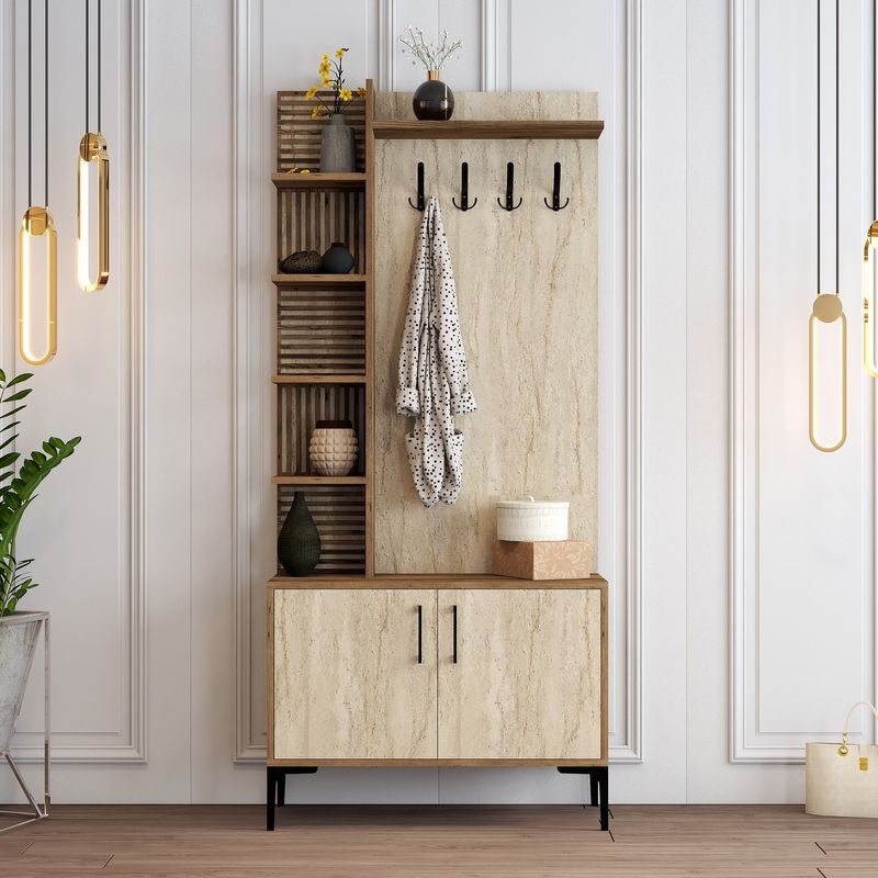 Casa si Gradina - Mobilier - Organizare si depozitare - Cuiere - Cuier, Hanah Home, pal melaminat, nuc si travertin, 90x35x200 cm - Infinity.ro