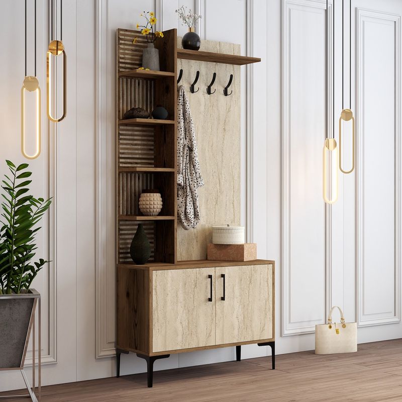 Casa si Gradina - Mobilier - Organizare si depozitare - Cuiere - Cuier, Hanah Home, pal melaminat, nuc si travertin, 90x35x200 cm - Infinity.ro