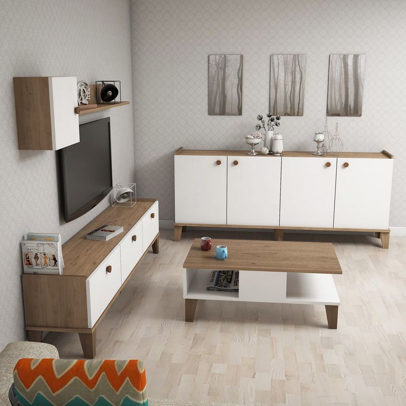 Casa si Gradina - Mobilier - Seturi de mobilier - Seturi living - Set mobilier living, Hanah Home, pal melaminat, stejar alb, multiple piese - Infinity.ro