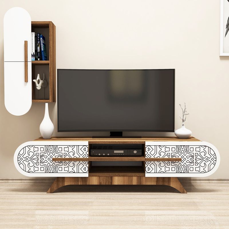 Casa si Gradina - Mobilier - Comode si corpuri - Comode - Comoda tv, Hanah Home, pal melaminat, nuc si alb, 145x37x35 cm - Infinity.ro